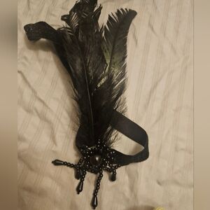 Babeyond Beaded Feather Shimmer Headband. Black With Green Tint In Feathers